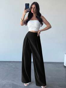 Firerie 女士新款简约优雅日常休闲百搭绿色中腰宽松直筒裤，适合夏季、办公室、度假 - 黑色 - 查看 7