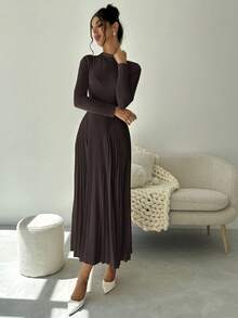 Firerie Đầm ôm body tay dài xếp ly chữ A thanh lịch dành cho nữ, đa năng cho mùa thu - Cà phê - Xem 5