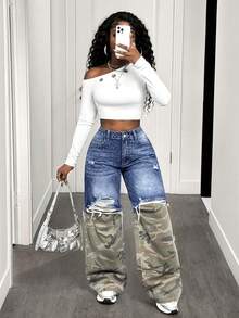 BamGleam Quần jean ống rộng túi rách họa tiết ngụy trang chắp vá dành cho nữ - Rửa tối - Xem 4