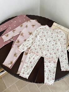 LMoss Kids 2件套女婴针织花卉小熊图案荷叶边领休闲T恤和裤子家居服套装 - 彩色 - 查看 2