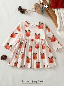 Cute All White Newborn Baby Girl Floral Print Knit Soft Round Neck Long Sleeve Cinched Waist Dress,Thermal Lined Christmas Cozy Pixies Spring Infant - Apricot - View 3