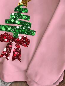 Tween Girl Christmas Sweatshirt,Pink Yellow,Autumn,Cute,Matching Family Sweet Bow & Christmas Tree Pattern,Cream Pink Ladylike Ballet Style Sweater - Multicolor - View 6