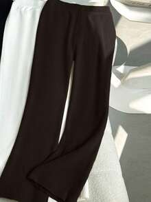 Franclia 女士高腰罗纹针织竖条纹喇叭裤，弹力修身九分裤，秋冬款 - 咖啡棕 - 查看 2