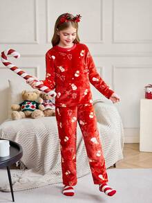 Conjunto de pijama de pantalón y top de manga larga con muñeco de nieve de peluche para niña preadolescente - Multicolor - Ver 5