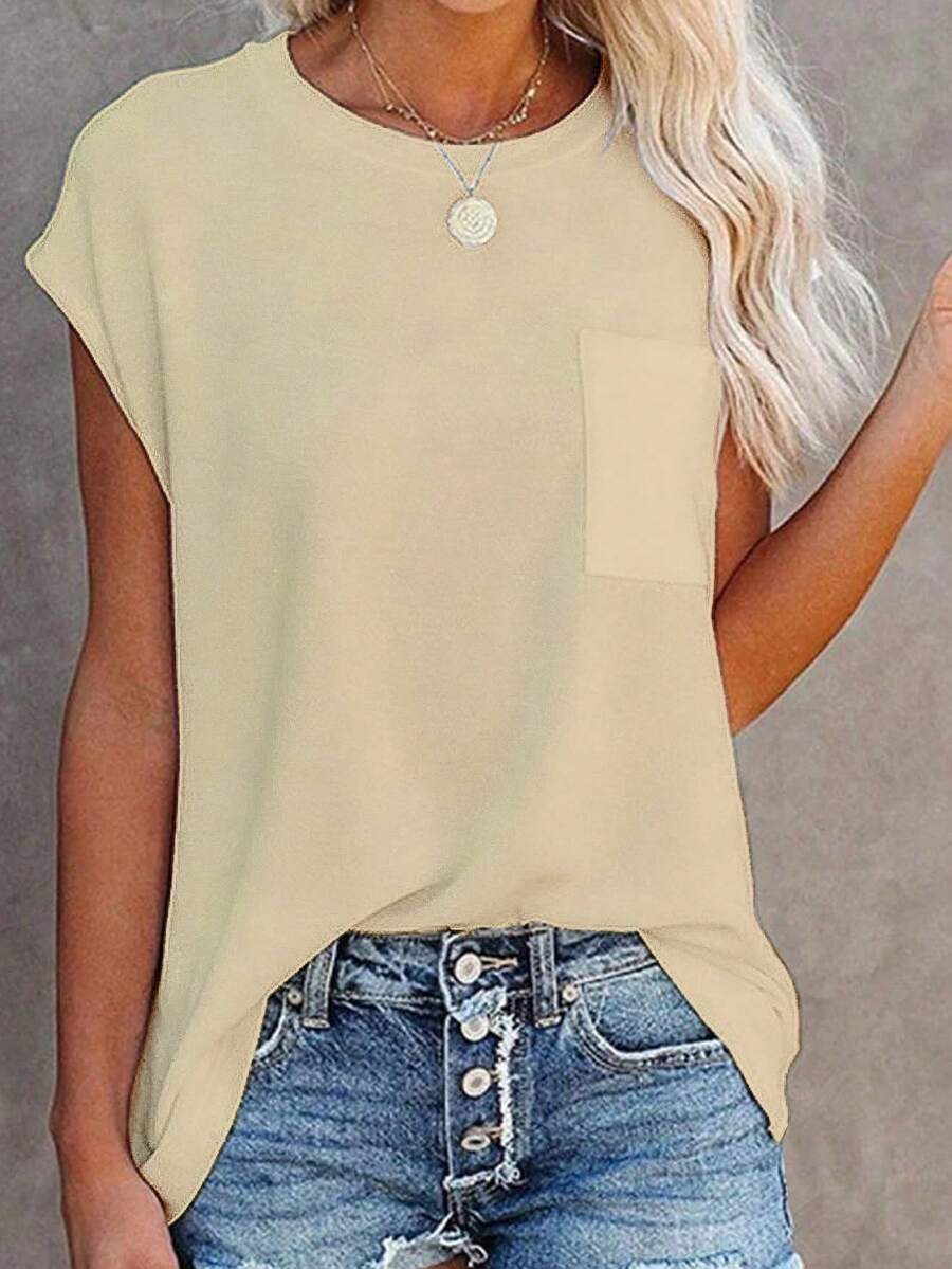 SHEIN LUNE Áo thun tay ngắn trơn màu đơn giản, đa năng cho mùa hè - Màu Khaki - Xem 1