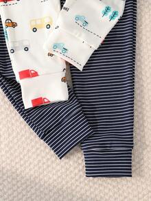 2pcs Young BoyMinimalist Red Truck & Striped Print Long Sleeve Jumpsuit Pajama Set - Red and White - View 5