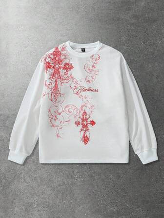 Men's Gothic Cross Print Waffle Fabric Pullover Sweatshirt, Suitable For Everyday Wear, Autumn/Winter