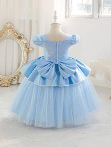 Glamorique Kids Váy dài tay màu xanh thanh lịch cho bé gái, váy công chúa cosplay bằng vải tuyn màu xám - Màu xanh lam - Xem 2