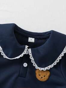 SHEIN 女童花卉荷葉領長袖拼接荷葉下擺可愛熊刺繡韓風洋裝 - 寶藍色 - 查看 3