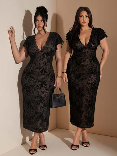 SHEIN BAE Plus Size Women Elegant Large Floral Mesh Print Bodycon V-Neck Dress, Long Length, Fitted, Arm Flattering,  Back To School Season Dresses For Women Elegant Women Formal,,Fall Women Clothes,Halloween,Back To School Clothes,School Clothes,Christmas,Winter,Summer Dresses For Women,Wedding Guest Dress Women Curve,Plus Size Dresses,Birthday Outfits For Women,Vacation Outfits Woman,Formal Dresses For Women,Western Wear Women,Homecoming Dress,Thanksgiving Outfit For Women,Christmas Party Dress ,New Year Look,Black  Dress