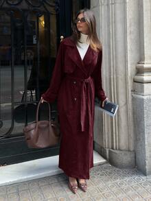 Aloruh Damen Herbst/Winter Neue Wildleder Fleece Braun Lange Trenchcoat mit Doppelreiher Stehkragen, Gürtel, weite Manschetten - Violett - Übersicht 4