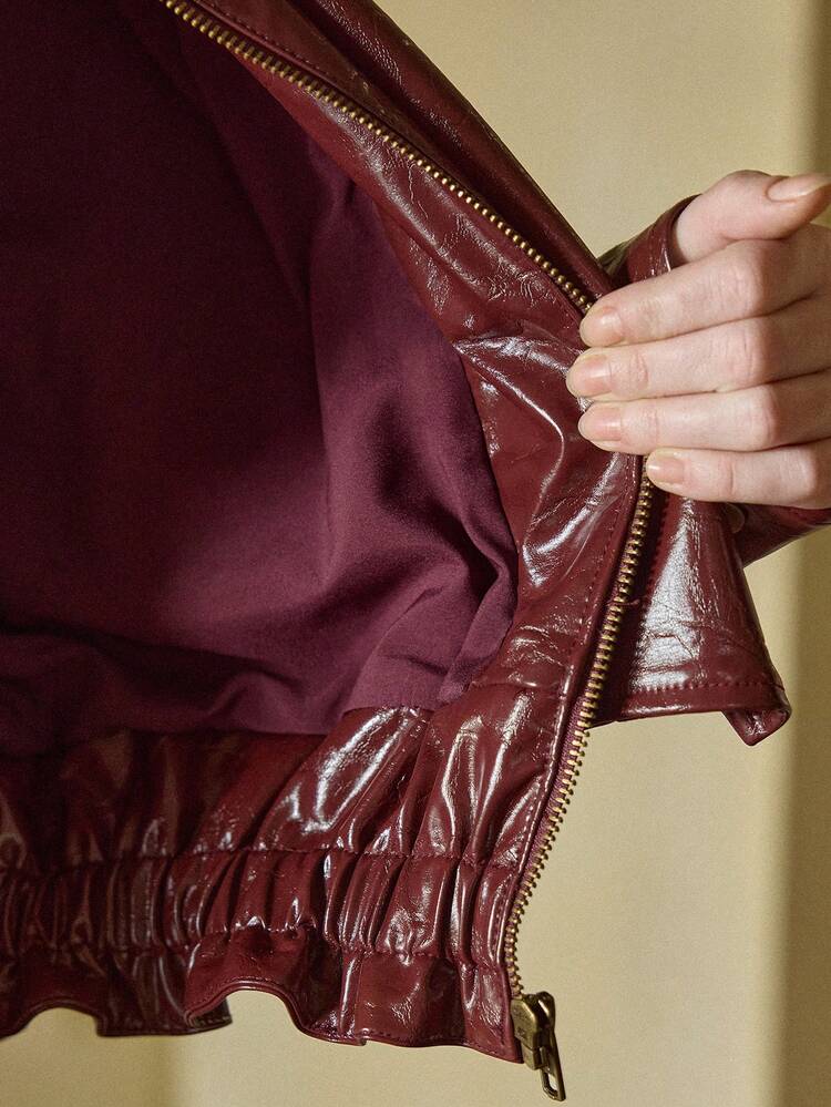 MOTF STUDIO WOMEN'S TURNDOWN COLLAR DROP SHOULDER PU LEATHER SHORT JACKET, AUTUMN/WINTER
