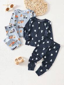 Baby Boys Pajama Set,Cute Navy Blue Polar Bear & Construction Truck Print Crew Neck Top And Pants,Autumn Lounge Snug Fit Four Season Outfit Sets - Multicolor - View 3