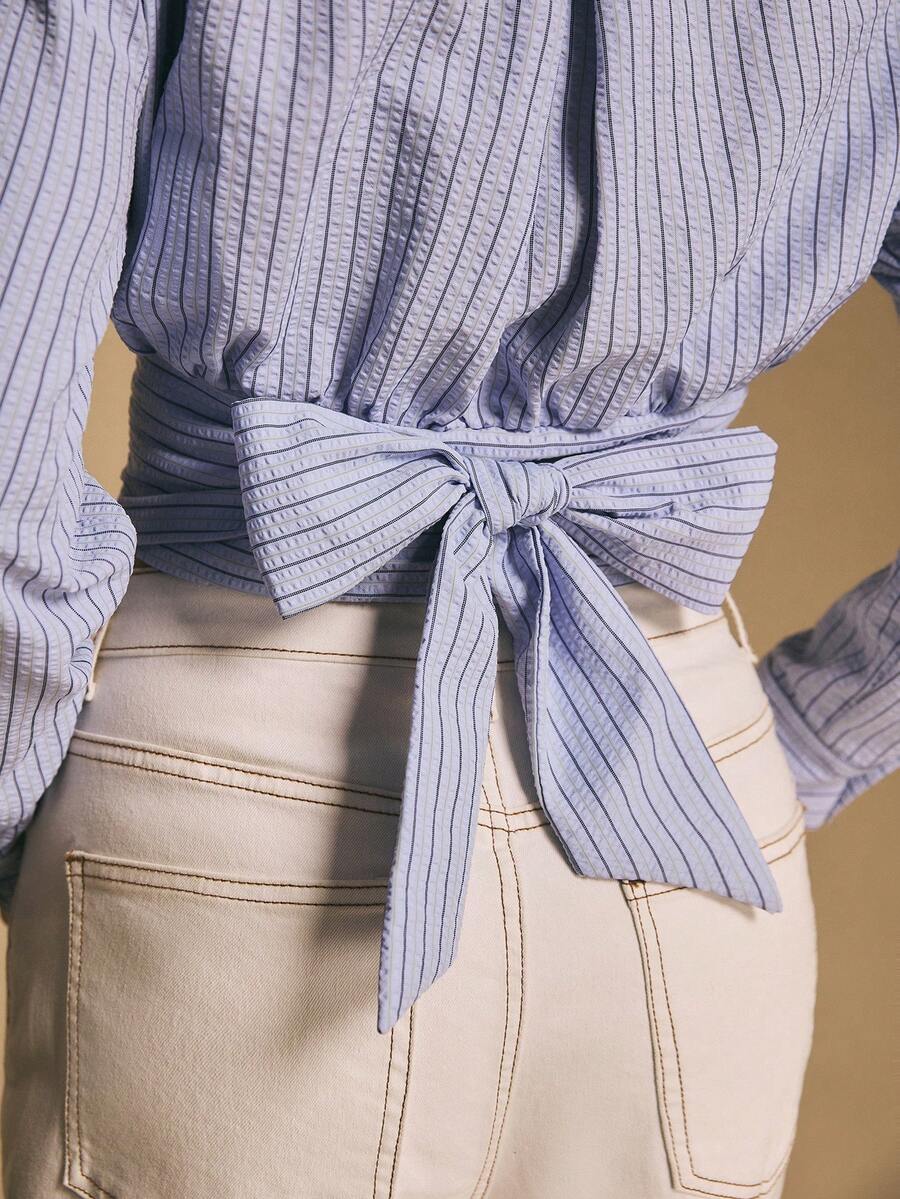 Poéselle 女士条纹蝴蝶结装饰后背长袖衬衫 - 藍色 - 查看 1