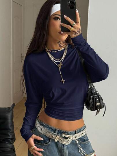 Coolane Women's Fall Minimalist Y2K Basic Daily Wear Casual Back To School Streetwear Stretchy Loose Long Sleeve Ruched Crop Tees,Fall,Fall Clothes For Women