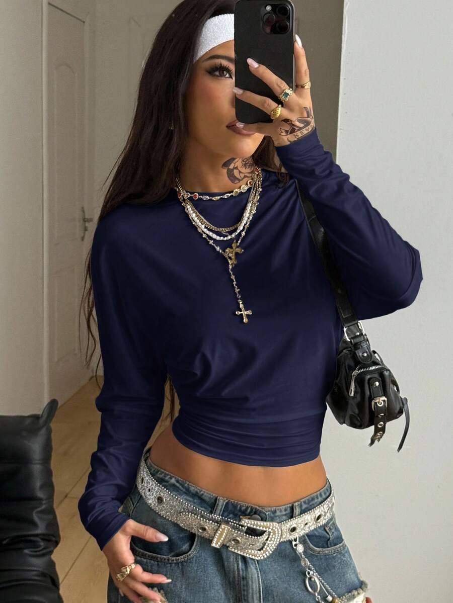 Coolane 女士秋季极简主义 Y2K 基本款日常休闲返校街头风弹力白色宽松长袖褶皱短款T恤 - 藏蓝色 - 查看 1