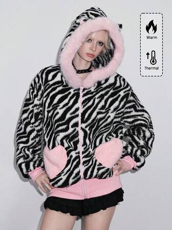 Kawaii Süße Katzenohren Zebra-Muster Kunstfell Jacke für Frauen