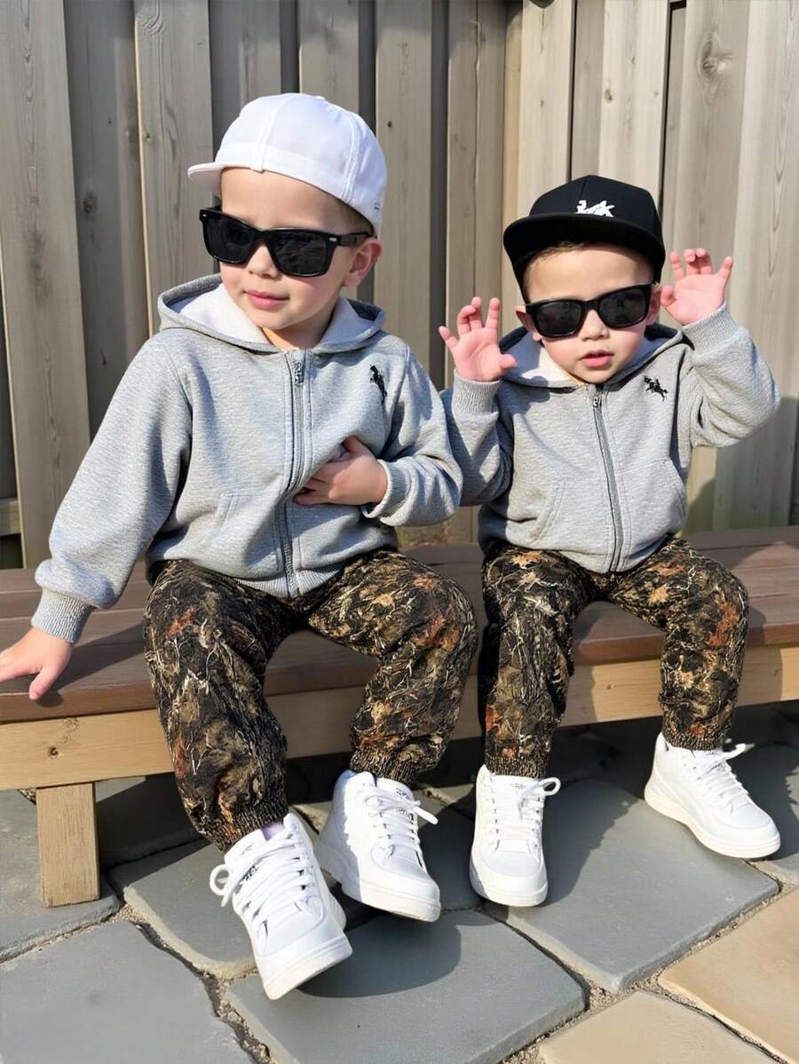 2 piezas Conjunto de sudadera con capucha y pantalón de chándal con estampado de camuflaje para bebé/niño/niña, cómodo, versátil, de estilo minimalista, adecuado para interior, exterior, uso diario, deportes, juego, fiesta, sesión de fotos, vacaciones, vuelta al cole, temporada de otoño/invierno - Multicolor - Ver 1
