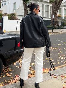 NegzBox Áo khoác mô tô da PU thời trang dành cho nữ, áo khoác bomber ngắn cổ đứng tay dài dáng ôm mới, mùa xuân và mùa thu - màu đen - Xem 2