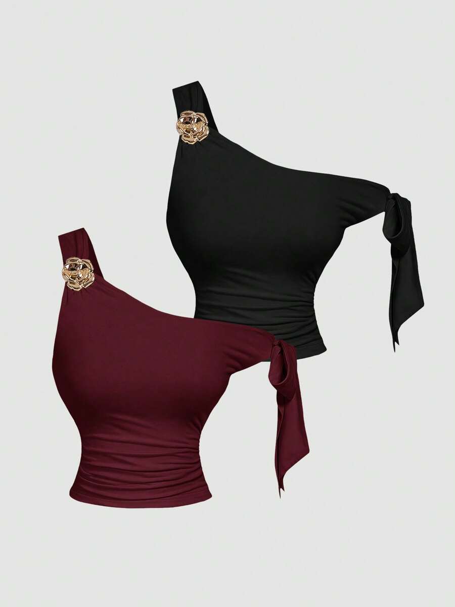 SHEIN MOD 2件装蝴蝶结金属3D花朵装饰女士吊带背心 - 酒紅色 - 查看 1