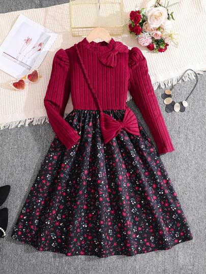 少女碎花罗纹长袖针织连衣裙