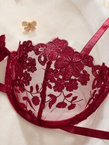 2pcs Sky Blue Embroidered Lace-Up Women's Lingerie Set Boobless Lingerie Set Lace Bra Set Butterfly Lingerie Set Lingerie Set Red Burgundy Lingerie Set - Red - View 5