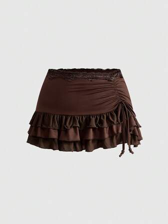 Fairycore Plus Size Women Casual Pleated Drawstring Ruffle Hem Skirt