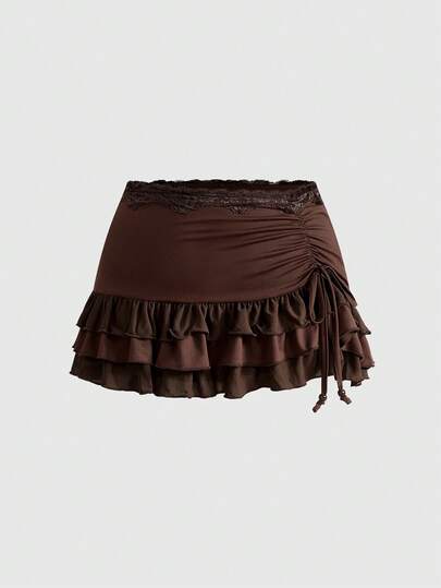 Fairycore Plus Size Women Casual Pleated Drawstring Ruffle Hem Skirt