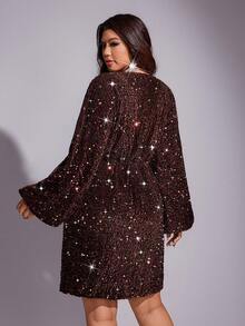 Viva Relle Váy maxi dài tay cánh dơi cổ chữ V lót sequin cỡ lớn cho nữ, eo trước nhún bèo, phong cách đường phố Pháp cổ điển thanh lịch, đa năng cho trang trọng, tiệc tùng, Giáng sinh, Lễ tạ ơn, cocktail, mùa thu/đông - Cà phê nâu - Xem 3