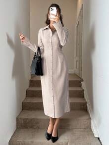 SHEIN LUNE Váy midi dài tay tối giản màu trơn dành cho nữ, mặc hàng ngày - Màu Khaki - Xem 2