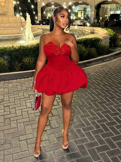 SHEIN BamGlam Women's Strapless Floral Bud Short Dress