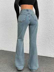 EURMUSE 女士春秋休闲日常百搭洗水牛仔喇叭裤 - 中等水洗藍 - 查看 2