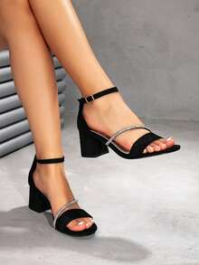 CUCCOO SZL Women's Fashion Rhinestone Ankle Strap Chunky Heel Round Toe Comfortable Sandals - Black - View 3