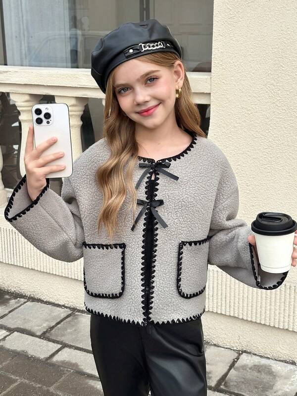 Firerie Kids Firerie Kids Chaqueta con cuello redondo y bolsillo decorativo de bloques de color para niña preadolescente, chaqueta de manga larga con cuello de peluche, abrigo de peluche, tela suave, ajuste cómodo, ropa de otoño para niñas, ropa de exterior de otoño/invierno