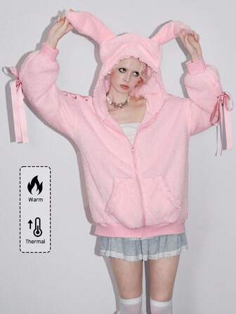 Kawaii Sweat-shirt-shirt femme avec décoration de ruban à nœud papillon en dentelle et oreilles de lapin