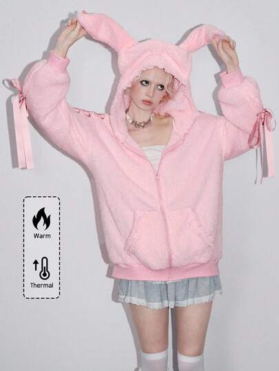 Kawaii Sudadera de mujer con decoración de lazo con orejas de conejo y ribete de encaje