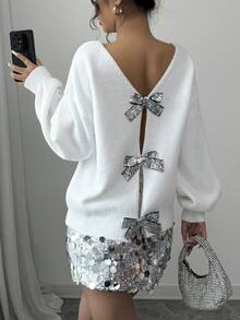 Selianne Maglione da donna versatile e alla moda, con paillettes e fiocco decorativo, reversibile e senza schienale, adatto per l'autunno/inverno