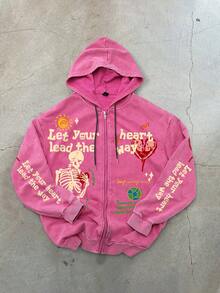 ROMWE MEN Goth Men's Snowflake & Skull Slogan Print Zip Up Drawstring Hoodie Sweatshirt , Fall, Long Sleeve Top - Hot Pink - View 7
