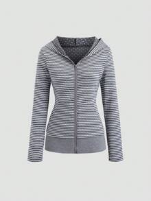 Sweetra 女士条纹波点休闲卫衣，适合日常通勤和日常穿着 - 灰色 - 查看 1