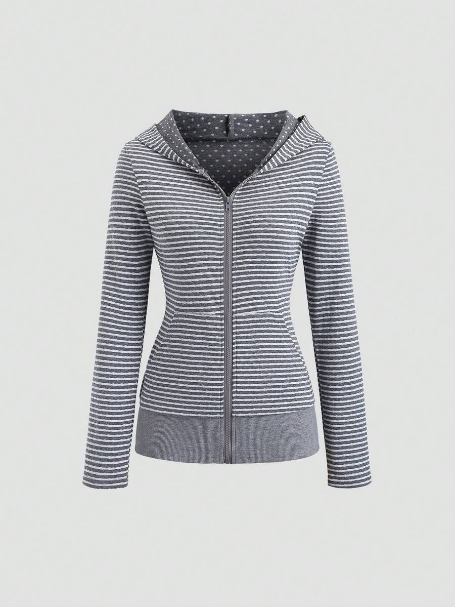 Sweetra 女士条纹波点休闲卫衣，适合日常通勤和日常穿着 - 灰色 - 查看 1