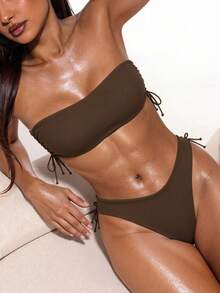 Swim Basics Solid Color Side Drawstring Tankini Swimsuit, Vacation & Beach - Coffee Brown - View 5