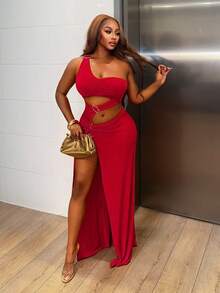 SHEIN BamGlam Damen Einfarbiges asymmetrisches Ausschnitt-Maxikleid mit Schlitz und Hohlräumen