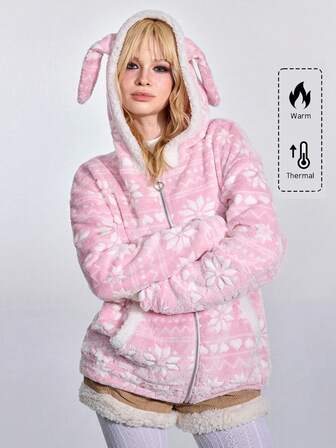 Kawaii Weihnachts-Schneeflocken Flanell Lange Kapuzenjacke, Herbst/Winter