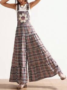 Bohemela Western Style Vacation Casual Woven Plaid Patchwork Wide-Leg Suspender Women's Jumpsuit Plaid Spring Outfit Women Summer Outfits Summer Outfits For Women - Multicolor - View 1