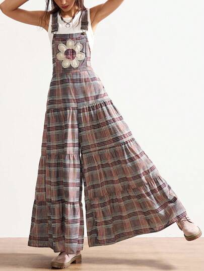 Bohemela 西部风度假休闲格子拼接阔腿吊带连体裤女式格子春季穿搭女式夏季穿搭