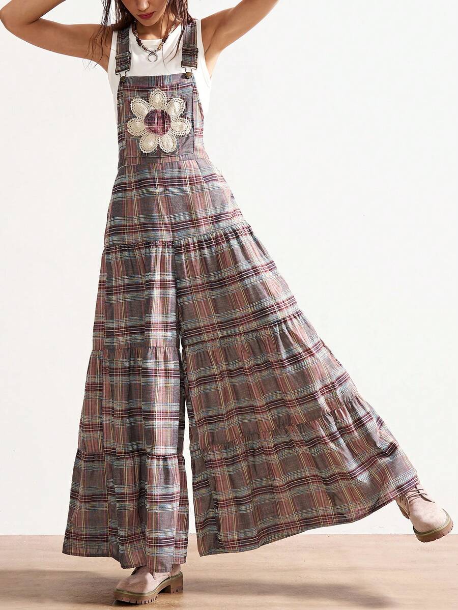 Bohemela Western Style Vacation Casual Woven Plaid Patchwork Wide-Leg Suspender Women's Jumpsuit Plaid Spring Outfit Women Summer Outfits Summer Outfits For Women - Multicolor - View 1