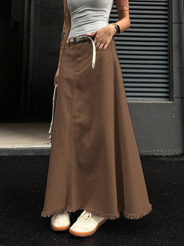 Women's Casual Loose Denim Skirt With Frayed Hem, Autumn