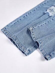 SHEIN ChillGRL Quần jean denim ống đứng, dáng suông, dáng suông, cạp chun cơ bản, thiết kế cạp chun, màu xanh nhạt, quần rách, phù hợp với mọi mùa, chất liệu vải thoải mái - Rửa nhẹ - Xem 4