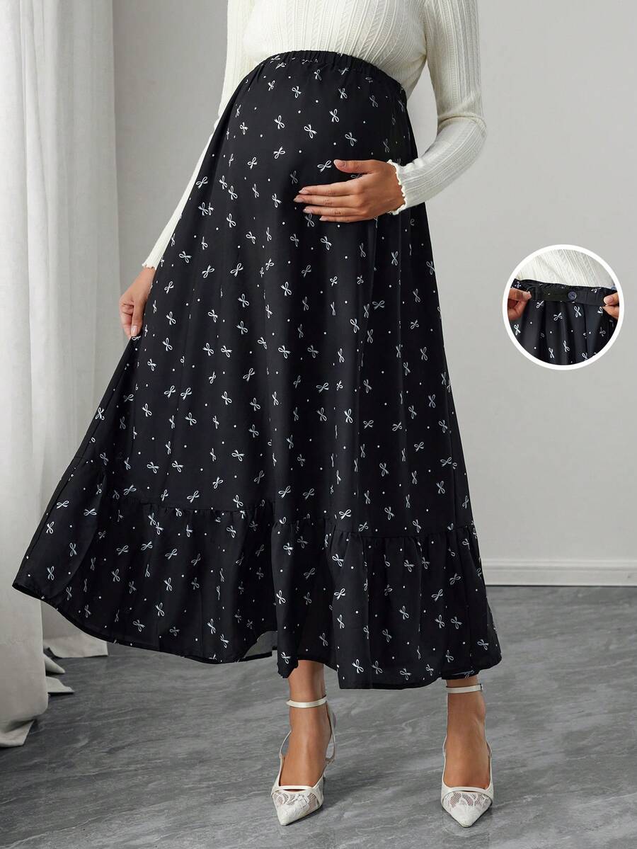 Momance Adjustable Waist Bow Print Casual Maternity Skirt - Black - View 1
