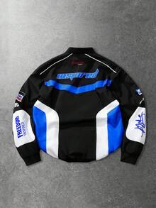 ROMWE MEN Áo khoác đua xe Unisex, huy hiệu vá màu tương phản & áo khoác mô tô in chữ tiếng Anh, mùa thu/đông - màu đen - Xem 2